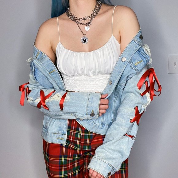 Jackets & Blazers - Denim Jacket with Lace Up Sleeve Detail